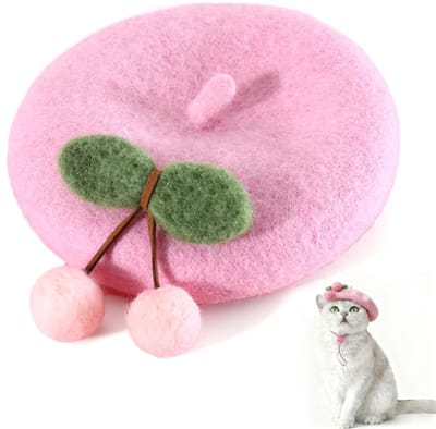 Dailygoods- Kattenbaret Verstelbaar - Fleece Kattenmuts - Pluche Hoed - Kersenversiering - Lichtgewicht - Ademend Materiaal - Huisdieraccessoire
