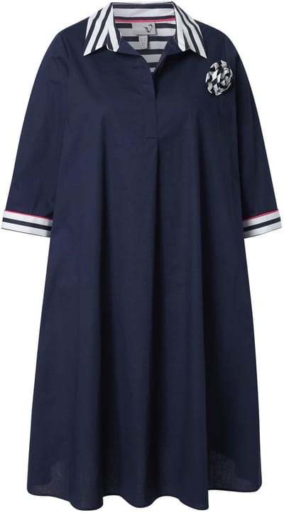 Ulla Popken - Dames - Jersey jurk strepen A-lijn V-hals 3/4-mouwen - Marine - Maat 50+