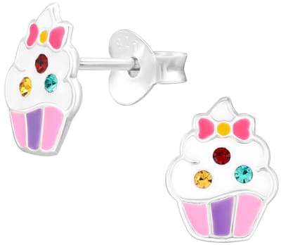 Joy|S - Zilveren cupcake oorbellen - 7 x 9 mm - met strikje - kristal - kinderoorbellen