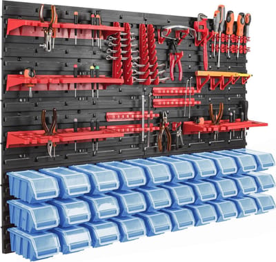 Stapelbare kunststof opbergbakken met wandrek voor gereedschap - 115 x 78 cm