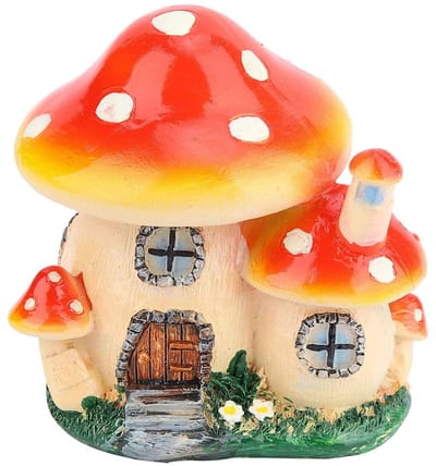 Dailygoods- Paddestoel Huis - Miniatuur Decoratie - Hars Standbeeld - Tuin Ornament - Sprookjeswereld - Hoogte 9,5 cm - Tuindecoratie