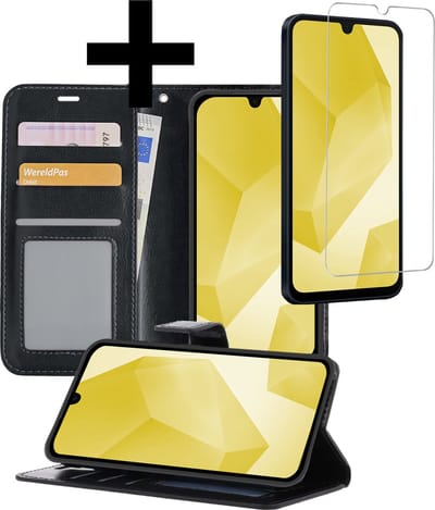 Hoesje - Met Screenprotector - Geschikt voor Samsung Galaxy A16 - Luxe Pasjeshouder - Bookcase Portemonee - Flip Case - Kunstleer Book Case - Flipcase - Book Cover - Walletcase - Portemonneehoes - Telefoonhoesjes - Zwart