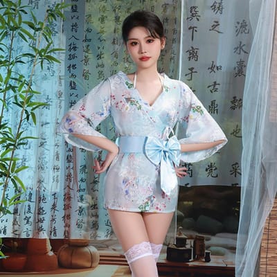 Erotisch Ondergoed Grote Maat Japanse Kimono Pak Sexy Lief Strik Badjas Dames Perspectief Verleiding Pyjama One Size blauw