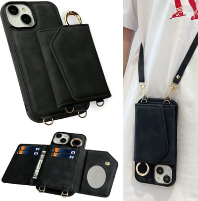 Casemania Hoesje Geschikt voor Apple iPhone 15 - Charcoal Gray - Luxe Telefoonhoes met Koord - Wallet Case met Spiegeltje en Pasjeshouder - Crossbody Draagbaar Alles-in-één Back Cover
