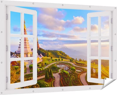 Gards Tuinposter Doorkijk Pagode Tempels in de Inthanon Berg in Thailand - 180x120 cm - Tuindoek - Tuindecoratie - Wanddecoratie buiten - Tuinschilderij