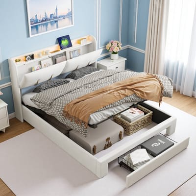 Tweepersoonsbed 140x200cm, bed met USB-poorten, ledverlichting, lade, gestoffeerd bed met opbergruimte in het hoofdeinde, hoofdslaapkamer, fluweel, beige
