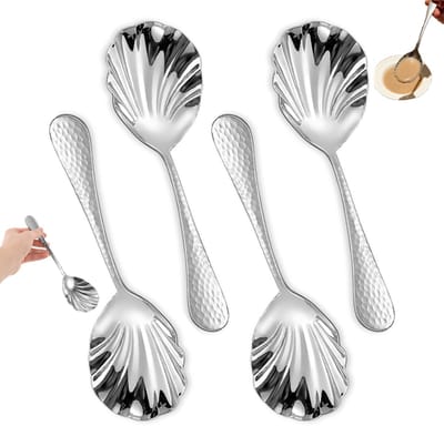 4 stuks - Opscheplepel - grote lepel opschep - grote lepel rvs - soeplepel - lepels - Schelpvormige theelepel - Lepel met gehamerde schelp - 22 x 6,7 cm - Geschikt voor thuis en in restaurants - Voor thee koffie gebak suiker enz