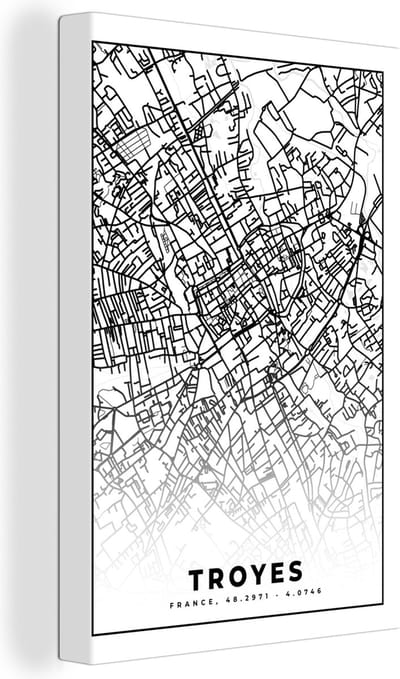 Canvas Schilderij Stadskaart - Plattegrond - Troyes - Kaart - Frankrijk - Zwart wit - 20x30 cm - Wanddecoratie