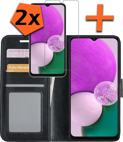 Hoes - Met 2x Screenprotector - Geschikt voor Samsung Galaxy A13 5G - Luxe Pasjeshouder - Bookcase Portemonee - Flip Case - Kunstleer Book Case - Flipcase Hoes - Book Cover - Walletcase - PortemonneeHoes - Zwart