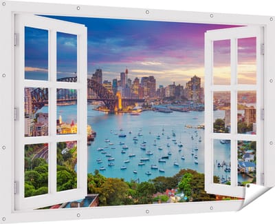 Gards Tuinposter Doorkijk Sydney Harbour Bridge in de Avond - 180x120 cm - Tuindoek - Tuindecoratie - Wanddecoratie buiten - Tuinschilderij