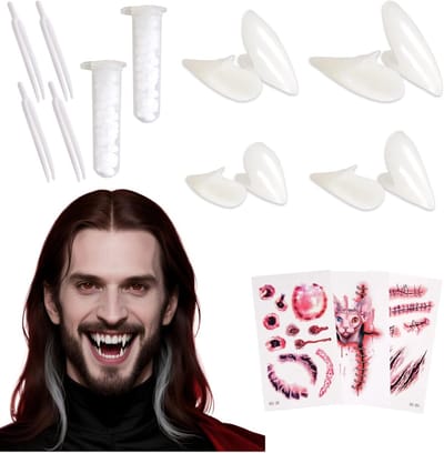 Vampier Tanden Set met Halloween Tattoos, Lijm, en Tweezer voor Cosplay en Feestjes - 4 Paar in 3 Maten voor Volwassenen en Kinderen