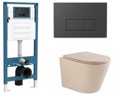 QeramiQ Dely Toiletset - inbouwreservoir Qeramiq Flush - slim zitting - kunststof mat antraciete bedieningsplaat - rechthoekige knoppen - beige