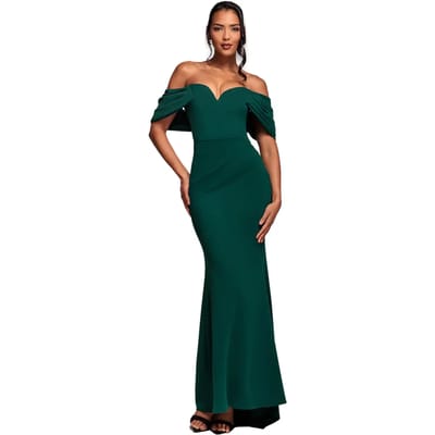 Vrouwelijke jurk met gedrapeerde mouwen Goddiva Off The Shoulder Maxi