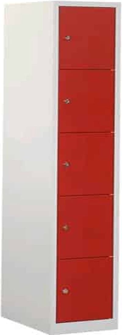 Industriële locker garderobekast 5 deurs (190x41,5x45 cm) Rood en hangoogsluiting (excl. hangslot)