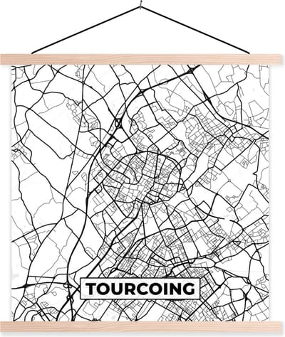 Posterhanger incl. Poster 40x40 cm - Schoolplaat - Stadskaart - Tourcoing - Plattegrond - Kaart - Frankrijk - Zwart wit - Textielposter - Blanke latten - Stadskaart