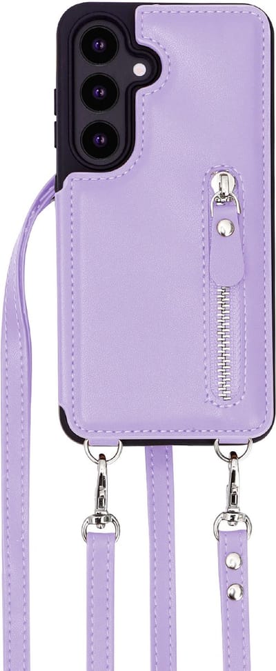 Casemania Hoesje Geschikt voor Samsung Galaxy S25 - Paars - Luxe Back Cover met Koord & Rits - Wallet Case met Pasjeshouder - Lanyard Telefoonhoes - Cord Case