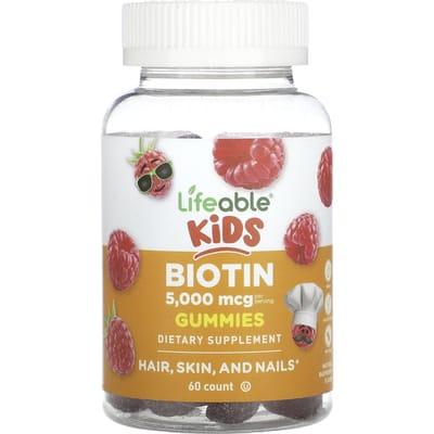 Lifeable, biotine gummies voor kinderen, natuurlijke framboos, 5.000 mcg, 60 gummies (2.500 mcg per gummy)