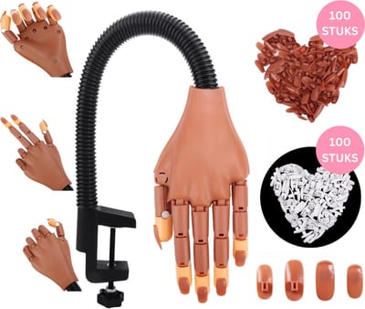 Oefenhand voor nagels - gratis 200 nepnagels (wit en bruin) - Nailtrainer hand - Gellak oefenhand - Acryl oefenhand - Nepnagels - Gelnagels - Abs Manicure oefenhand - Flexible hand - Tafelklem-Nagelstudio - Nailart - Beginner oefenhand -Nagelstyliste
