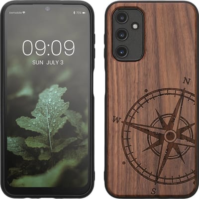 kwmobile telefoonhoesje geschikt voorSamsung Galaxy A14 5G - Hoesje met bumper - hout - In donkerbruin Vintage Kompas design