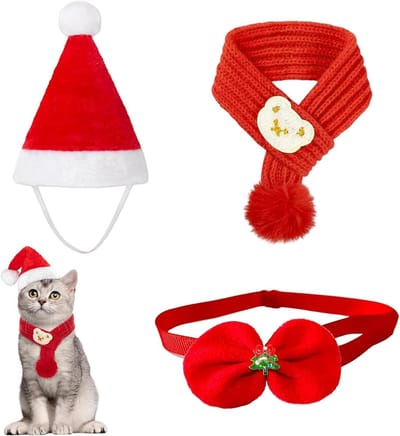 Kerstkostuum voor Honden en Katten - Inclusief Kerstscarf, Santa Hoed en Strik - Zacht en Comfortabel voor Feestjes en Foto's, Perfect voor de Feestdagen
