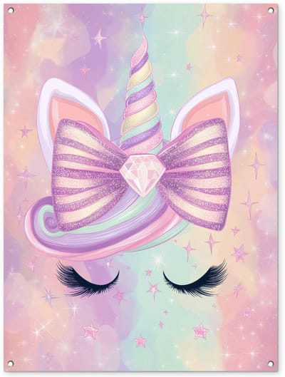 Tuinposter 90x120 cm - Tuindecoratie Eenhoorn - Glitters - Regenboog - Pastel - Poster voor in de tuin - Buiten decoratie - Schutting tuinschilderij - Tuindoek muurdecoratie - Wanddecoratie balkondoek