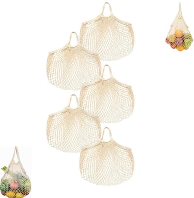 4 stuks - katoenen mesh boodschappentas - Herbruikbare boodschappentas - Draagbare groente- en fruitorganizer - Wasbare boodschappentas - Beige handorganizer voor groenten en fruit - Geschikt voor boodschappen doen en opbergen