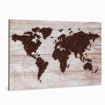 Fotoprint op aluminium - Wereldkaart van Koffiebonen - 90x60 | Superhoge printkwaliteit afdruk | Extra stevig 4 mm Alupanel-Blauwbond | Voorzien van een matte afwerking | Inclusief UV-coating | Geschikt voor binnen én buiten