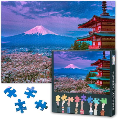 Dailygoods- Puzzel 1000 stukjes - Rode Pagode/Kersenbloesem - 50 cm x 70 cm - Volwassenen - Uitdagend - Decoratief Cadeau - Legpuzzel