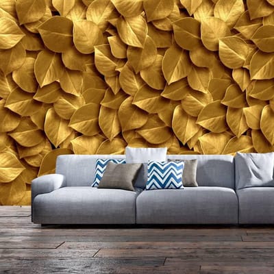 300cm X 210cm - Fotobehang - Gouden bladeren, achtergrond, 5 maten, premium print vliesbehang, voor woon en slaapkamer, instructies inbegrepen, gemakkelijk aan te brengen