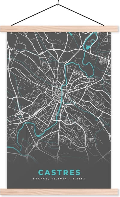 Posterhanger incl. Poster 40x60 cm - Schoolplaat - Castres - Frankrijk - Plattegrond - Kaart - Stadskaart - Textielposter - Blanke latten - Stadskaart