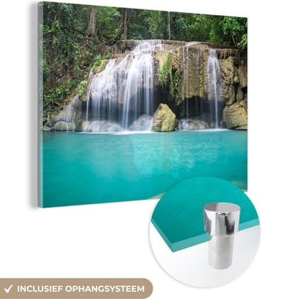 MuchoWow® Glasschilderij 40x30 cm - Schilderij acrylglas - Water - Waterval - Bomen - Foto op glas - Schilderijen