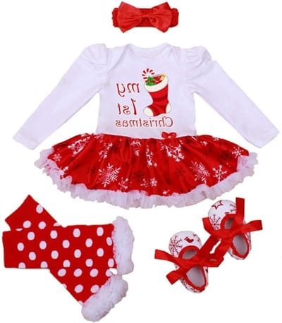 Schattige kerstoutfit voor pasgeboren meisjes: romper, tutu jurk, haarband, beenwarmers en schoenen