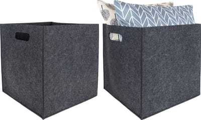 QUVIO Opbergbak - Set van 2 - Opbergmanden - Opbergdozen - Opbergbox - Opbergers - Organizers - Vakken - Met handvaten - Vilt - Landelijk - Grijs - Vierkant - 31 x 31 x 32 cm - 27 Liter