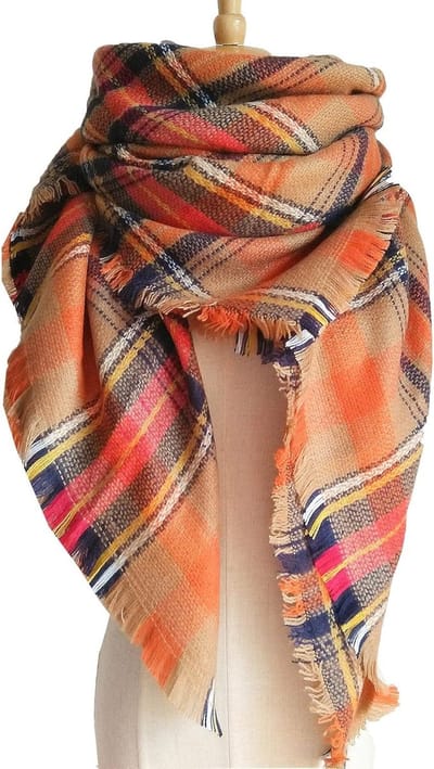 - Winter dames sjaal - Geruit - Oversized driehoek - Wintersjaal - Herfstsjaal - Vierkant dekensjaal met kwasten - Geruit tartan strepen plaid patroon - Franjes - Poncho cape - Halsdoek - Halsdoeken 140 cm - Oranje
