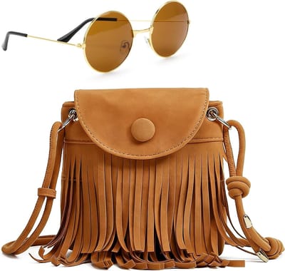 Hippie Kostuum Dames: Bruine Handtas met Franje en Vintage Zonnebril voor Carnaval, Festival en Feestjes