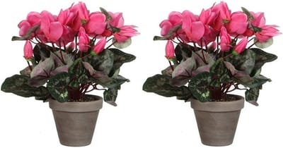 Mica Decorations Roze cyclaam kunstplant en met bloemen 30 cm in grijze pot - 2x - Kunstplanten/nepplanten - Huis of kantoor