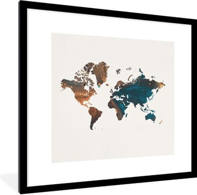 Poster in lijst - Fotolijst 40x40 cm - Posters - Wereldkaart - Blauw - Oranje - Posterlijst zwart - Decoratie - Wanddecoratie woonkamer - Muurdecoratie slaapkamer