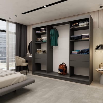 Kledingkast met Spiegel 240 x 61 x 216 cm Grafiet 3-Deurs Schuifdeurkast met Legplanken en Kledingstang Moderne Garderobekast Urbanhome
