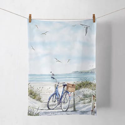 Ambiente Set van 2 Theedoeken Kitchen towel Bike at the beach 50x70 cm – 100% Katoen – Maritiem Strand Design