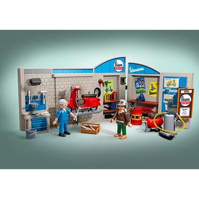 Retro garage simulatiespel van 60 jaar geleden Playmobil Vespa