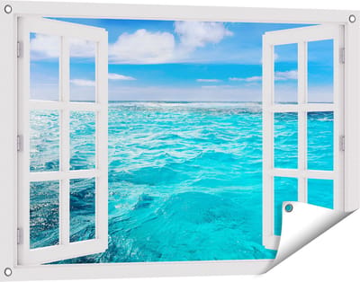 Gards Tuinposter Doorkijk Blauwe Caribische Zee Water - 90x60 cm - Tuindoek - Tuindecoratie - Wanddecoratie buiten - Tuinschilderij