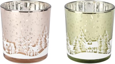 Dekoratief | Theelichthouder m/huisjes, groen/roze, glas, 7x7x8cm, set van 2 stuks | A255513