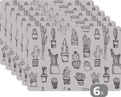 Placemat - Placemats kunststof - Cactus - Bloempot - Patronen - 45x30 cm - 6 stuks - Hittebestendig - Anti-Slip - Onderlegger - Afneembaar
