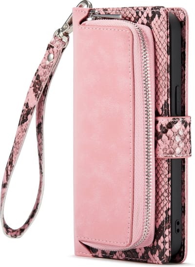 Casemania Hoesje Geschikt voor Apple iPhone 13 - Roze - Luxe Wallet Bookcase met Rits Pasjeshouder en Standaard - Kunstleer Portemonnee Telefoonhoesje met Slangenstructuur en Extra Opbergruimte