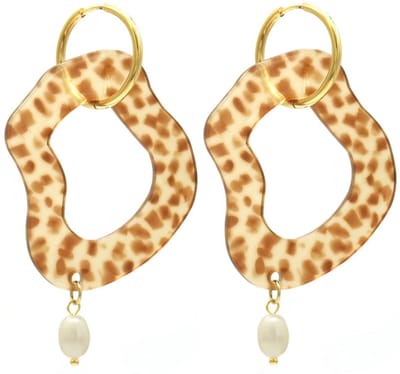 Oorbellen - Abstracte Hanger - RVS - 6 cm - Bruin