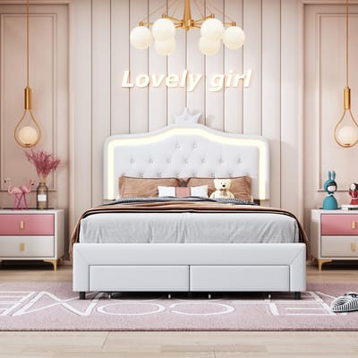Gestoffeerd bed met ledverlichting en 2 lades, 140x200 cm, kroonvormig hoofdeinde, voor jongeren of volwassenen, PU-stof, wit