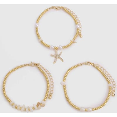 boohoo Dames Starfish & Pearl 3-Pack Armbanden | Goud