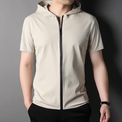 Nieuw Heren T-shirt met Korte Mouwen Heren Zomer Hooded Halve Mouwen Heren T-shirt Mode Merk Rits T-shirt Jeugd Onderhemd Korte Mouwen Heren L white