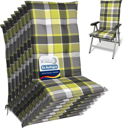 Beautissu Sunny GR – Set van 8 Tuinkussens Hoge Rug 120x50 cm met UV-lichtechtheid Comfortabele Tuinstoel Zitkussen Geel geruit