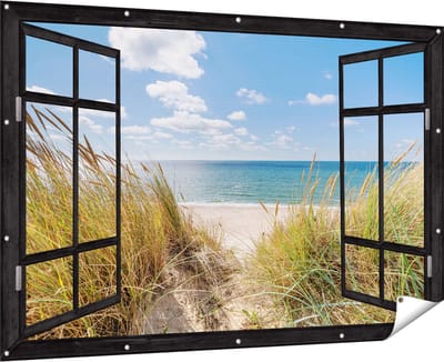 Gards Tuinposter Doorkijk Strand en Zee vanuit Duinen - 180x120 cm - Tuindoek - Tuindecoratie - Wanddecoratie buiten - Tuinschilderij